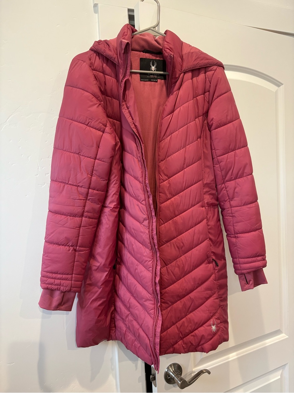 Spyder Women's Rose Pink Quilted Hooded Long Puffer Jacket